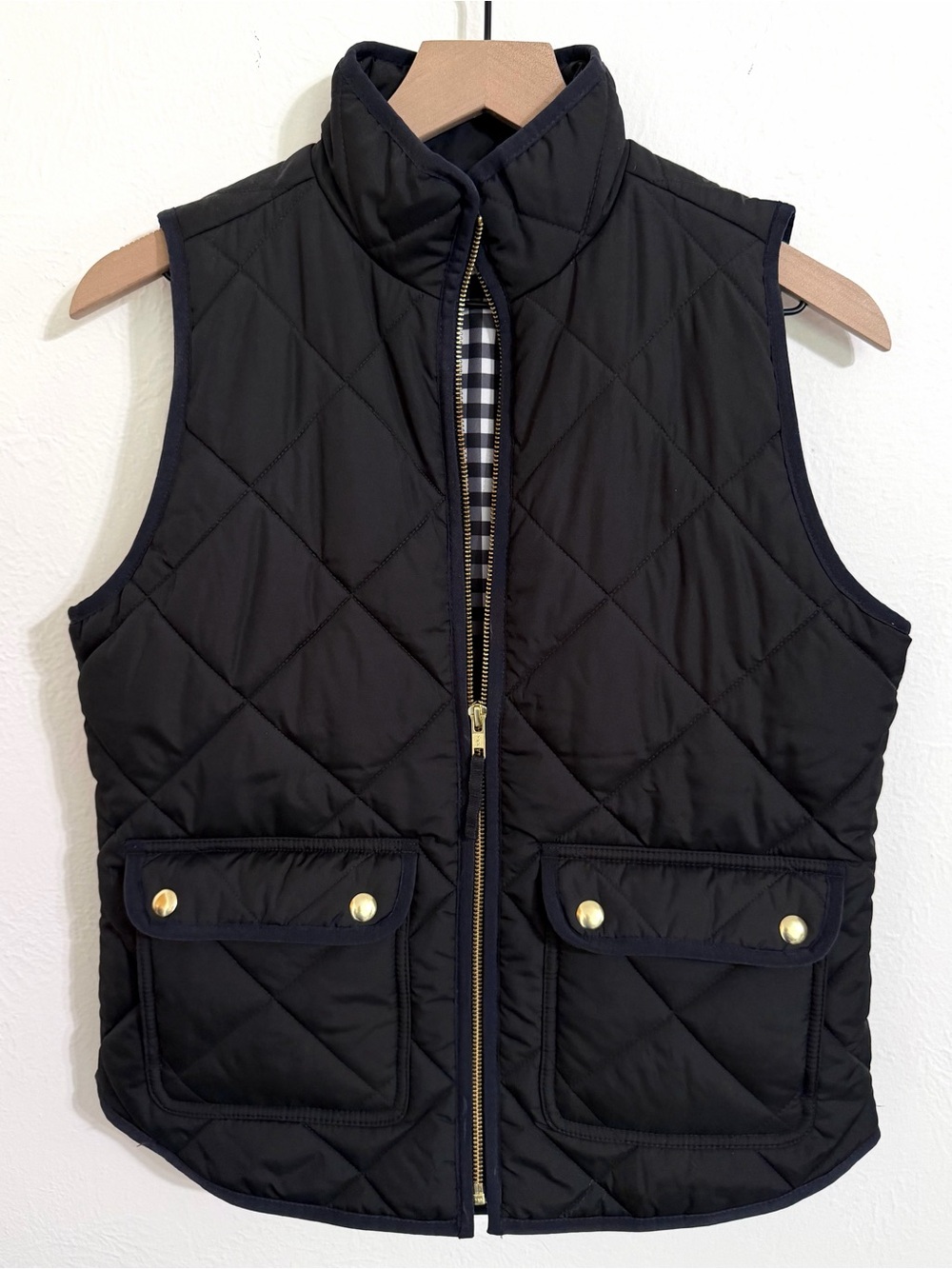 J. Crew Puffer Vest with Snap Pockets, black with gingham lining, size XS